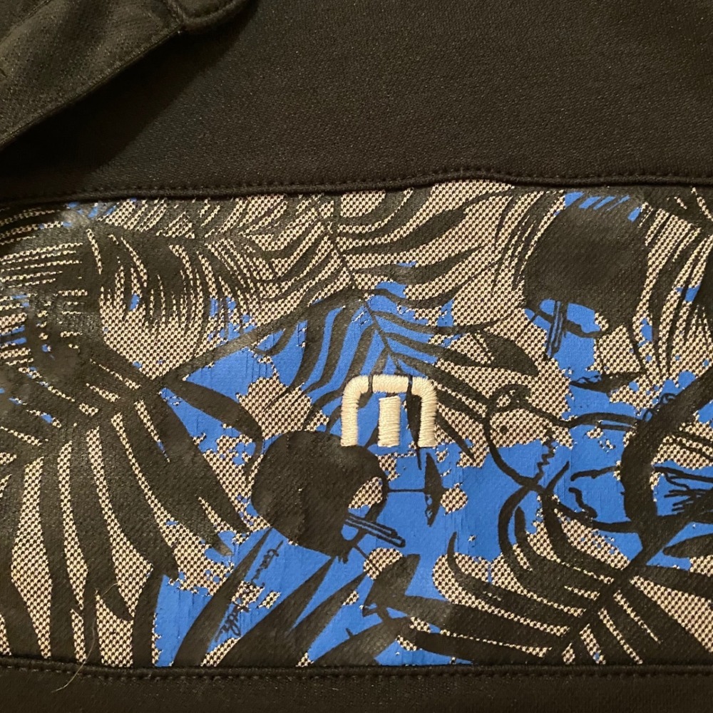 TravisMathew Mens Black Tropical Stripe Golf Polo Shirt Persimmon CC Logo Large - Picture 5 of 6